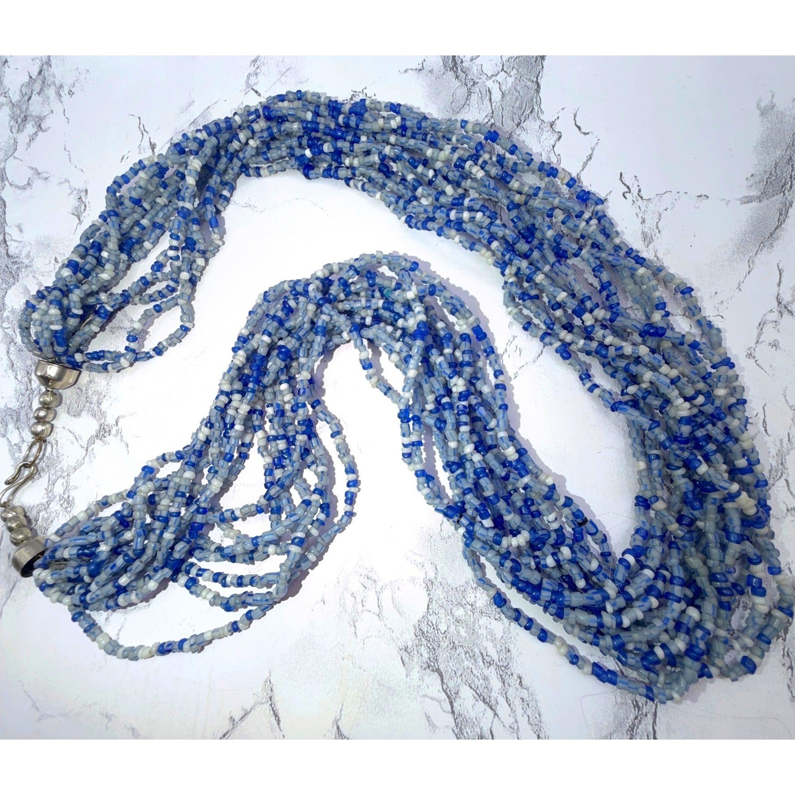 Blue Gray Multi Strand Beaded Necklace 24" Silver Tone Hook Closure 14 Strand
